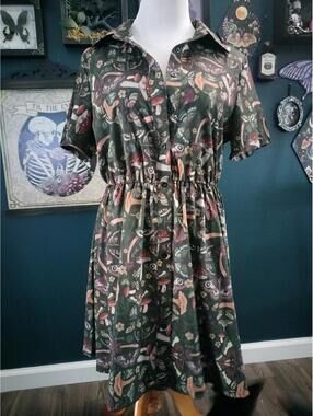 Cottagecore dark green dress with mushrooms